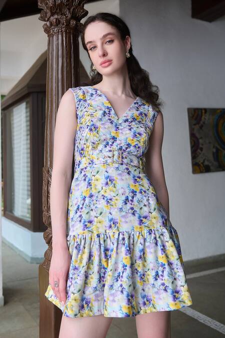 Verano By Tanya Multi Color Cotton, Linen Beads V-neck Erica Floral Print Ruffle Dress With Belt Online at Aza Fashions Verano By Tanya_Multi Color Cotton, Linen Beads V-neck Erica Floral Print Ruffle Dress With Belt _Online_at_Aza_Fashions
