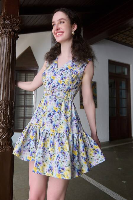 Buy Verano By Tanya Multi Color Cotton, Linen Beads V-neck Erica Floral Print Ruffle Dress With Belt Online at Aza Fashions Buy_Verano By Tanya_Multi Color Cotton, Linen Beads V-neck Erica Floral Print Ruffle Dress With Belt _Online_at_Aza_Fashions
