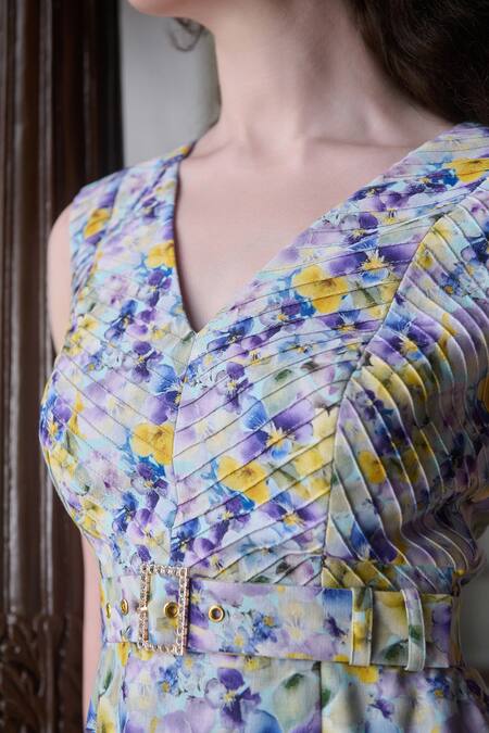 Shop Verano By Tanya Multi Color Cotton, Linen Beads V-neck Erica Floral Print Ruffle Dress With Belt Online at Aza Fashions Shop_Verano By Tanya_Multi Color Cotton, Linen Beads V-neck Erica Floral Print Ruffle Dress With Belt _Online_at_Aza_Fashions