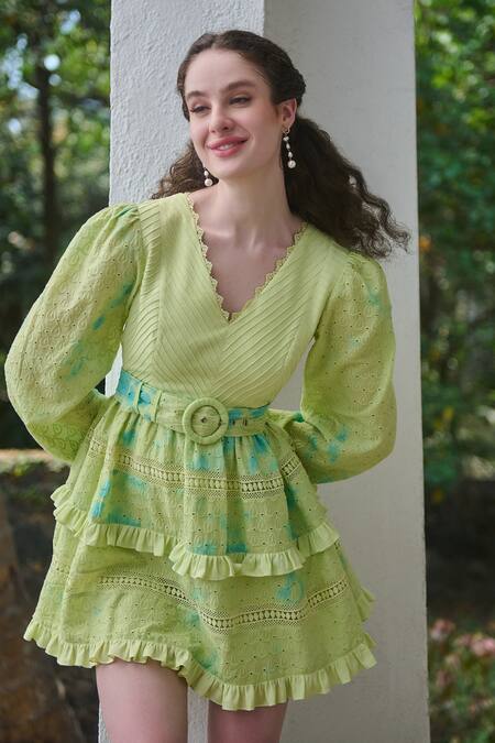 Buy Verano By Tanya Green Cotton, Linen Lace, Embroidery V-neck Felicia Cutwork Ruffle Dress Online at Aza Fashions Buy_Verano By Tanya_Green Cotton, Linen Lace, Embroidery V-neck Felicia Cutwork Ruffle Dress _Online_at_Aza_Fashions