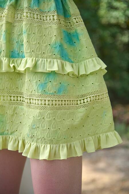 Shop Verano By Tanya Green Cotton, Linen Lace, Embroidery V-neck Felicia Cutwork Ruffle Dress Online at Aza Fashions Shop_Verano By Tanya_Green Cotton, Linen Lace, Embroidery V-neck Felicia Cutwork Ruffle Dress _Online_at_Aza_Fashions