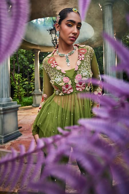 Show Shaa Green Chanderi, Net, Crepe Embroidery, Adhira Floral Peplum Tunic And Pant Set Online at Aza Fashions Show Shaa_Green Chanderi, Net, Crepe Embroidery, Adhira Floral Peplum Tunic And Pant Set _Online_at_Aza_Fashions