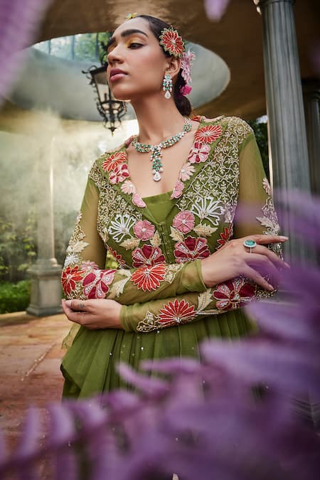 Buy Show Shaa Green Chanderi, Net, Crepe Embroidery, Adhira Floral Peplum Tunic And Pant Set Online at Aza Fashions Buy_Show Shaa_Green Chanderi, Net, Crepe Embroidery, Adhira Floral Peplum Tunic And Pant Set _Online_at_Aza_Fashions