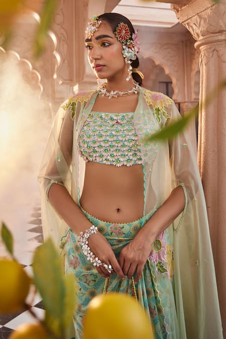 Show Shaa Green Satin, Organza, Crepe, Chiffon Beads, Floral Print Draped Skirt Cape Set Online at Aza Fashions Show Shaa_Green Satin, Organza, Crepe, Chiffon Beads, Floral Print Draped Skirt Cape Set _Online_at_Aza_Fashions