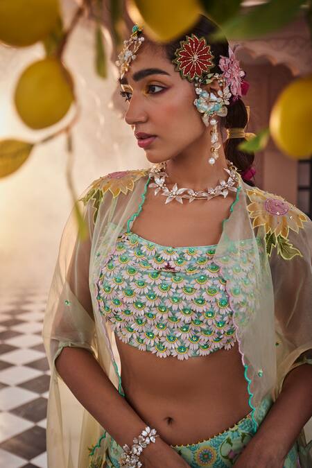 Buy Show Shaa Green Satin, Organza, Crepe, Chiffon Beads, Floral Print Draped Skirt Cape Set Online at Aza Fashions Buy_Show Shaa_Green Satin, Organza, Crepe, Chiffon Beads, Floral Print Draped Skirt Cape Set _Online_at_Aza_Fashions