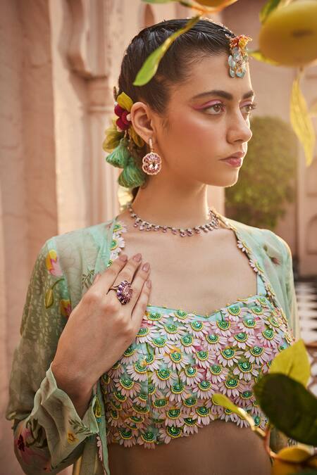 Show Shaa_Green Satin, Crepe, Chiffon Half Sunflower Hand Blouse And Gharara Set _Online_at_Aza_Fashions