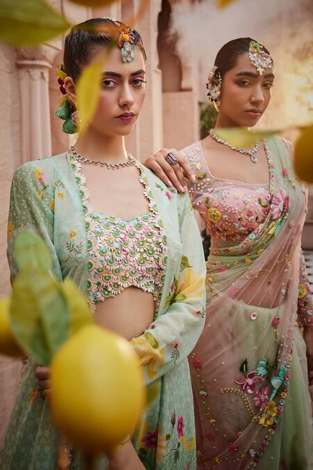 Buy_Show Shaa_Green Satin, Crepe, Chiffon Half Sunflower Hand Blouse And Gharara Set _Online_at_Aza_Fashions