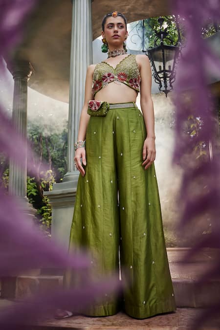 Shop Show Shaa Green Chanderi, Crepe Embroidery, Pearls Kashvi Floral Blouse And Flared Pant Set at Aza Fashions Shop_Show Shaa_Green Chanderi, Crepe Embroidery, Pearls Kashvi Floral Blouse And Flared Pant Set _at_Aza_Fashions