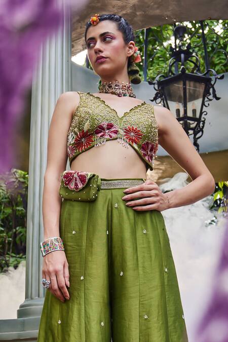 Show Shaa Green Chanderi, Crepe Embroidery, Pearls Kashvi Floral Blouse And Flared Pant Set Online at Aza Fashions Show Shaa_Green Chanderi, Crepe Embroidery, Pearls Kashvi Floral Blouse And Flared Pant Set _Online_at_Aza_Fashions