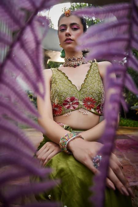 Buy Show Shaa Green Chanderi, Crepe Embroidery, Pearls Kashvi Floral Blouse And Flared Pant Set Online at Aza Fashions Buy_Show Shaa_Green Chanderi, Crepe Embroidery, Pearls Kashvi Floral Blouse And Flared Pant Set _Online_at_Aza_Fashions