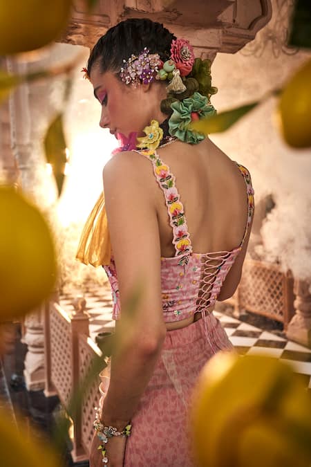 Shop Show Shaa Pink Satin, Crepe, Chiffon Embroidery Square Neck Floral Bustier With Skirt at Aza Fashions Shop_Show Shaa_Pink Satin, Crepe, Chiffon Embroidery Square Neck Floral Bustier With Skirt _at_Aza_Fashions