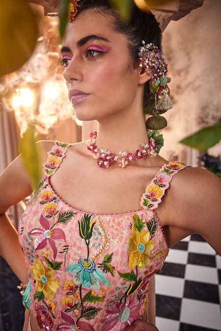 Show Shaa Pink Satin, Crepe, Chiffon Embroidery Square Neck Floral Bustier With Skirt Online at Aza Fashions Show Shaa_Pink Satin, Crepe, Chiffon Embroidery Square Neck Floral Bustier With Skirt _Online_at_Aza_Fashions