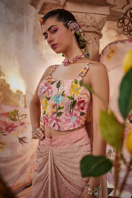 Buy Show Shaa Pink Satin, Crepe, Chiffon Embroidery Square Neck Floral Bustier With Skirt Online at Aza Fashions Buy_Show Shaa_Pink Satin, Crepe, Chiffon Embroidery Square Neck Floral Bustier With Skirt _Online_at_Aza_Fashions