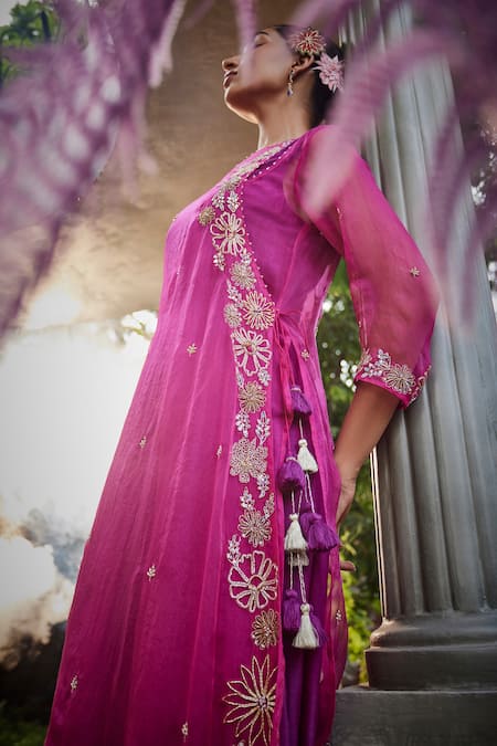 Shop Show Shaa Magenta Chiffon, Chanderi, Organza, Crepe Roohani Layered Gown With Angarkha at Aza Fashions Shop_Show Shaa_Magenta Chiffon, Chanderi, Organza, Crepe Roohani Layered Gown With Angarkha _at_Aza_Fashions