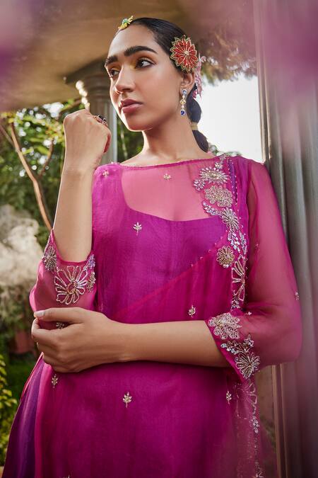 Buy Show Shaa Magenta Chiffon, Chanderi, Organza, Crepe Roohani Layered Gown With Angarkha Online at Aza Fashions Buy_Show Shaa_Magenta Chiffon, Chanderi, Organza, Crepe Roohani Layered Gown With Angarkha _Online_at_Aza_Fashions