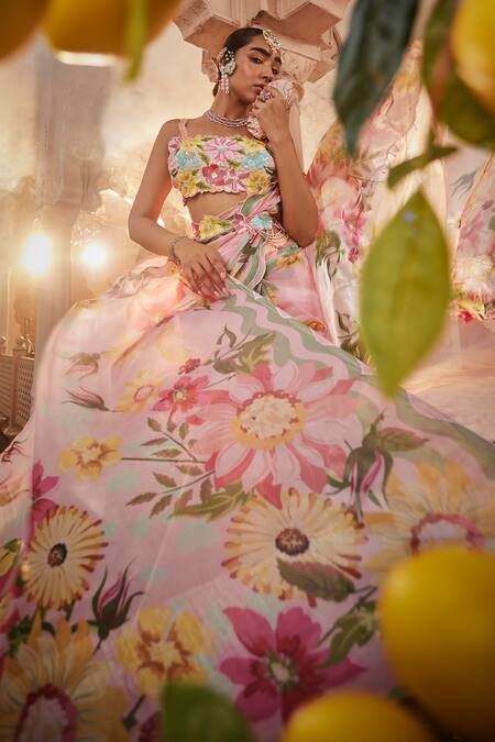 Show Shaa Pink Silk, Satin Embroidery, Cut Work Floral Print Saree With Waist Belt Online at Aza Fashions Show Shaa_Pink Silk, Satin Embroidery, Cut Work Floral Print Saree With Waist Belt _Online_at_Aza_Fashions