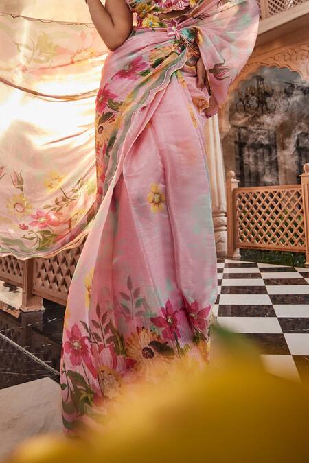 Shop Show Shaa Pink Silk, Satin Embroidery, Cut Work Floral Print Saree With Waist Belt Online at Aza Fashions Shop_Show Shaa_Pink Silk, Satin Embroidery, Cut Work Floral Print Saree With Waist Belt _Online_at_Aza_Fashions