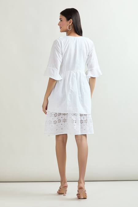 Shop Samyukta Singhania White Cotton Collared Cutout Pattern Shirt Dress at Aza Fashions Shop_Samyukta Singhania_White Cotton Collared Cutout Pattern Shirt Dress_at_Aza_Fashions