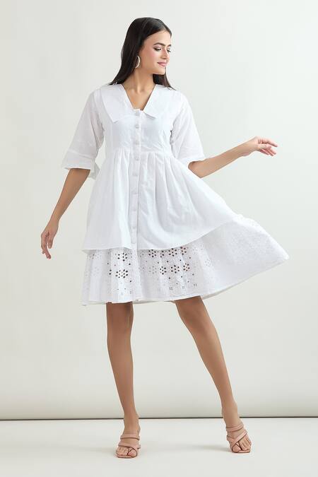 Buy Samyukta Singhania White Cotton Collared Cutout Pattern Shirt Dress Online at Aza Fashions Buy_Samyukta Singhania_White Cotton Collared Cutout Pattern Shirt Dress_Online_at_Aza_Fashions