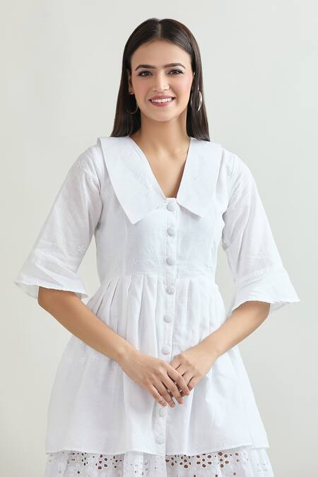 Shop Samyukta Singhania White Cotton Collared Cutout Pattern Shirt Dress Online at Aza Fashions Shop_Samyukta Singhania_White Cotton Collared Cutout Pattern Shirt Dress_Online_at_Aza_Fashions