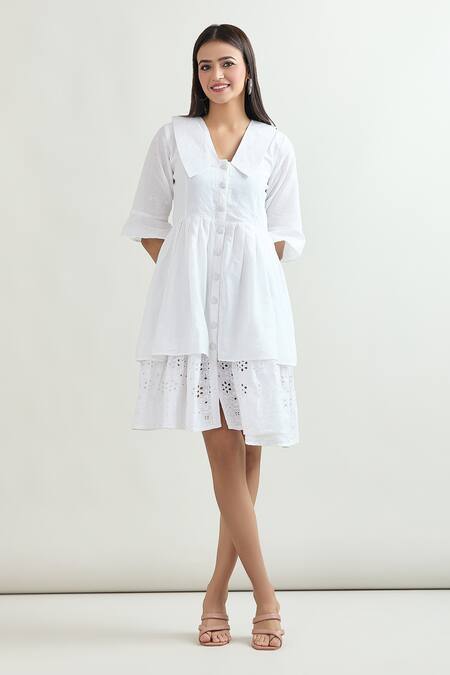 Samyukta Singhania White Cotton Collared Cutout Pattern Shirt Dress at Aza Fashions Samyukta Singhania_White Cotton Collared Cutout Pattern Shirt Dress_at_Aza_Fashions