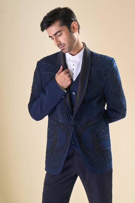 Buy Arihant Rai Sinha Blue Polyester Sequins, Beads Hand Embroidered Tuxedo Pant Set Online at Aza Fashions Buy_Arihant Rai Sinha_Blue Polyester Sequins, Beads Hand Embroidered Tuxedo Pant Set _Online_at_Aza_Fashions