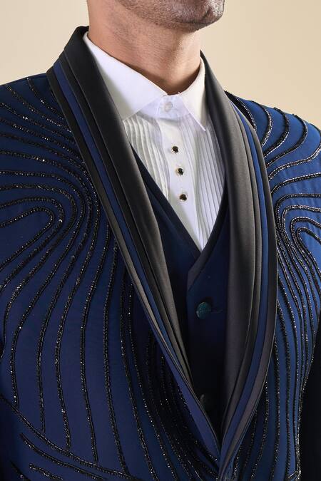 Shop Arihant Rai Sinha Blue Polyester Sequins, Beads Hand Embroidered Tuxedo Pant Set Online at Aza Fashions Shop_Arihant Rai Sinha_Blue Polyester Sequins, Beads Hand Embroidered Tuxedo Pant Set _Online_at_Aza_Fashions