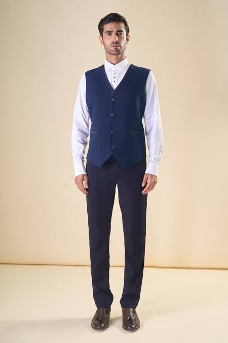 Arihant Rai Sinha Blue Polyester Sequins, Beads Hand Embroidered Tuxedo Pant Set at Aza Fashions Arihant Rai Sinha_Blue Polyester Sequins, Beads Hand Embroidered Tuxedo Pant Set _at_Aza_Fashions