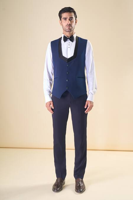 Shop Arihant Rai Sinha Blue Polyester Beads, Sequins Hand Embroidered Tuxedo Pant Set Shop_Arihant Rai Sinha_Blue Polyester Beads, Sequins Hand Embroidered Tuxedo Pant Set