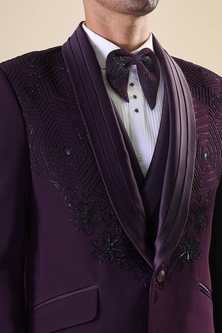 Arihant Rai Sinha_Purple Polyester, Cotton Sequins, Beads Hand Embroidered Tuxedo Bow Set _Online_at_Aza_Fashions