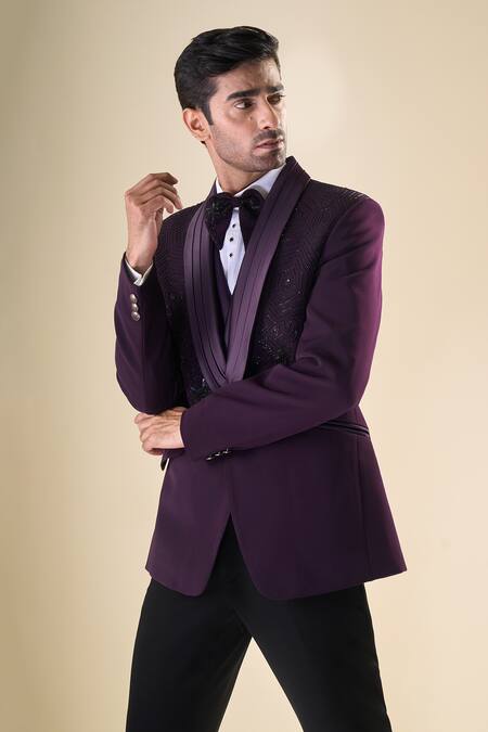 Shop_Arihant Rai Sinha_Purple Polyester, Cotton Sequins, Beads Hand Embroidered Tuxedo Bow Set _Online_at_Aza_Fashions