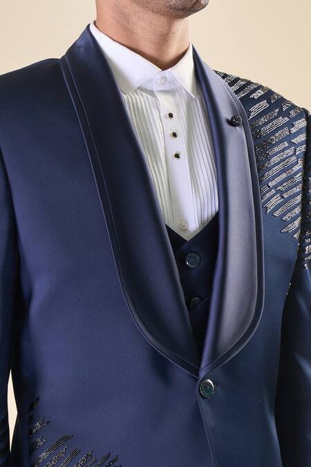 Buy_Arihant Rai Sinha_Blue Polyester, Silk Beads Hand Embroidered Tuxedo Set 