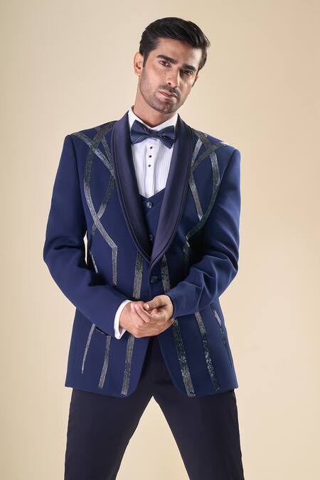 Arihant Rai Sinha Blue Polyester Sequins, Beads Hand Embroidered Tuxedo Bow Set at Aza Fashions Arihant Rai Sinha_Blue Polyester Sequins, Beads Hand Embroidered Tuxedo Bow Set _at_Aza_Fashions