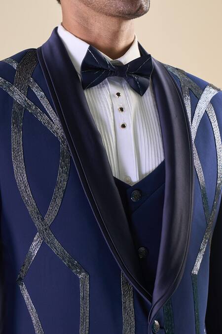 Buy Arihant Rai Sinha Blue Polyester Sequins, Beads Hand Embroidered Tuxedo Bow Set Buy_Arihant Rai Sinha_Blue Polyester Sequins, Beads Hand Embroidered Tuxedo Bow Set