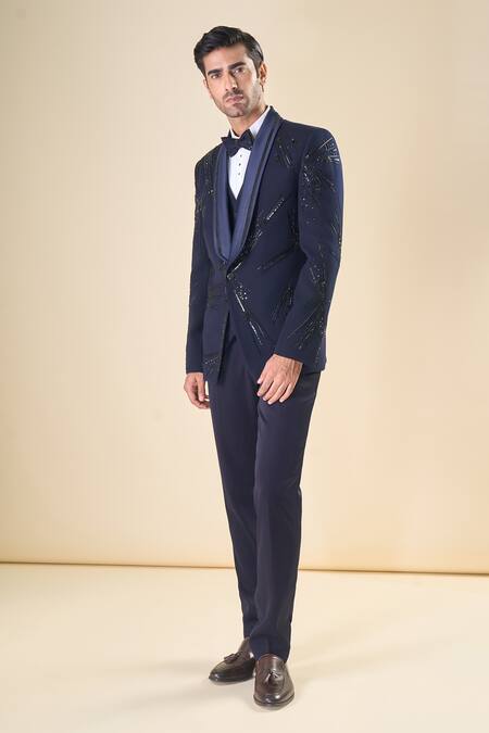 Shop_Arihant Rai Sinha_Blue Polyester, Cotton Sequins, Beads, Embroidery Hand Tuxedo Bow Set _Online_at_Aza_Fashions