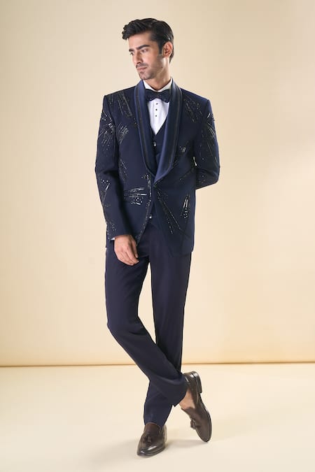 Arihant Rai Sinha_Blue Polyester, Cotton Sequins, Beads, Embroidery Hand Tuxedo Bow Set _at_Aza_Fashions