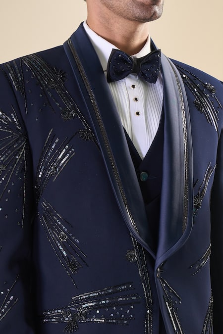 Buy_Arihant Rai Sinha_Blue Polyester, Cotton Sequins, Beads, Embroidery Hand Tuxedo Bow Set 