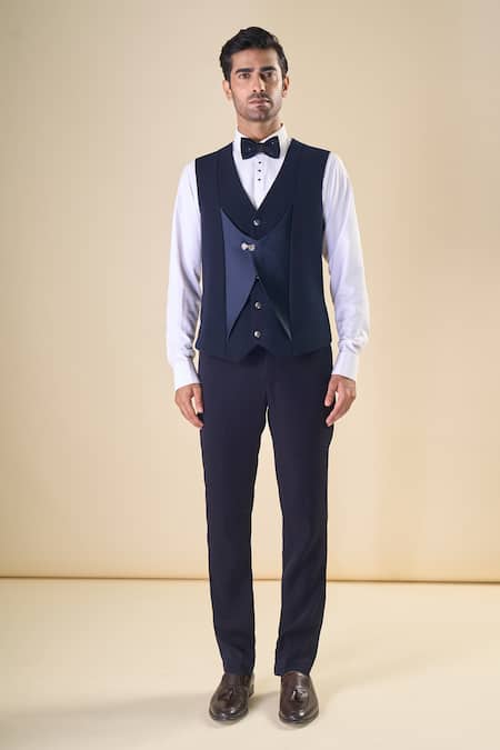 Shop_Arihant Rai Sinha_Blue Polyester, Cotton Sequins, Beads, Embroidery Hand Tuxedo Bow Set 