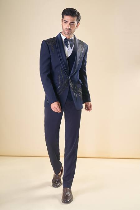 Shop_Arihant Rai Sinha_Blue Polyester, Silk Beads Hand Embroidered Tuxedo Pant Set _Online_at_Aza_Fashions