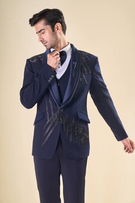 Arihant Rai Sinha_Blue Polyester, Silk Beads Hand Embroidered Tuxedo Pant Set _at_Aza_Fashions