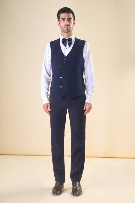 Shop_Arihant Rai Sinha_Blue Polyester, Silk Beads Hand Embroidered Tuxedo Pant Set 