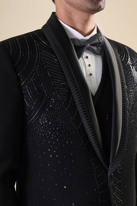 Buy_Arihant Rai Sinha_Black Polyester, Silk Sequins, Beads Hand Embroidered Tuxedo Bow Set _Online_at_Aza_Fashions