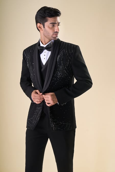Buy_Arihant Rai Sinha_Black Polyester, Silk Sequins, Beads Hand Embroidered Tuxedo Bow Set 