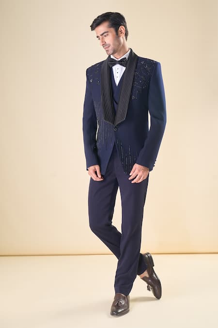 Shop_Arihant Rai Sinha_Blue Polyester, Silk Sequins, Beads Hand Embroidered Tuxedo Set With Bow _Online_at_Aza_Fashions