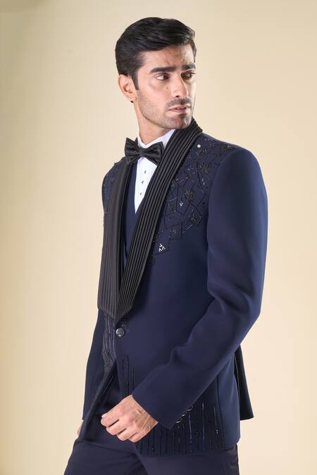 Arihant Rai Sinha_Blue Polyester, Silk Sequins, Beads Hand Embroidered Tuxedo Set With Bow _at_Aza_Fashions