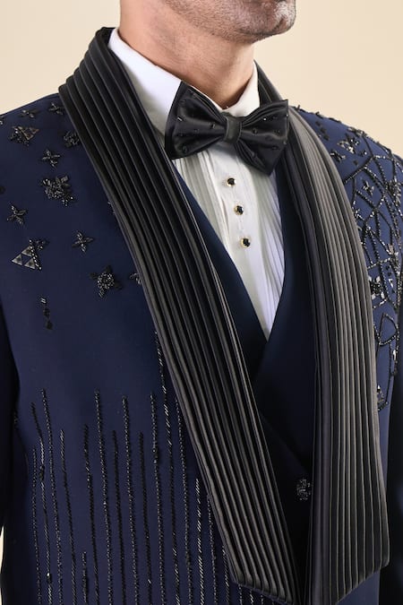 Buy_Arihant Rai Sinha_Blue Polyester, Silk Sequins, Beads Hand Embroidered Tuxedo Set With Bow 
