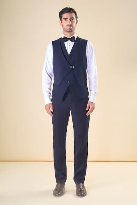 Shop_Arihant Rai Sinha_Blue Polyester, Silk Sequins, Beads Hand Embroidered Tuxedo Set With Bow 
