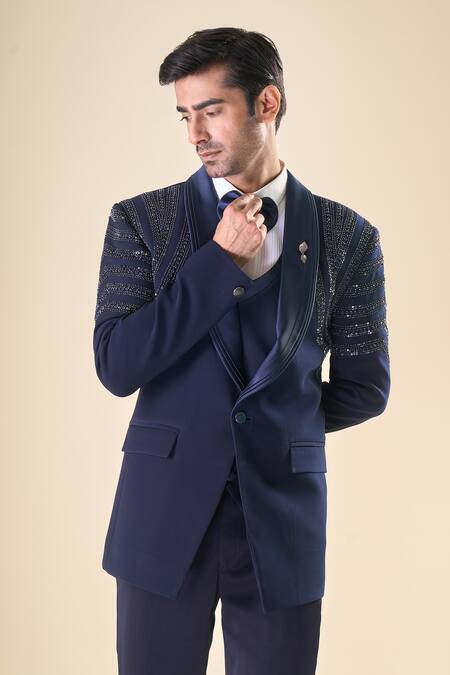 Shop_Arihant Rai Sinha_Blue Polyester, Silk Sequins, Beads Hand Embroidered Tuxedo Set With Bow _Online_at_Aza_Fashions