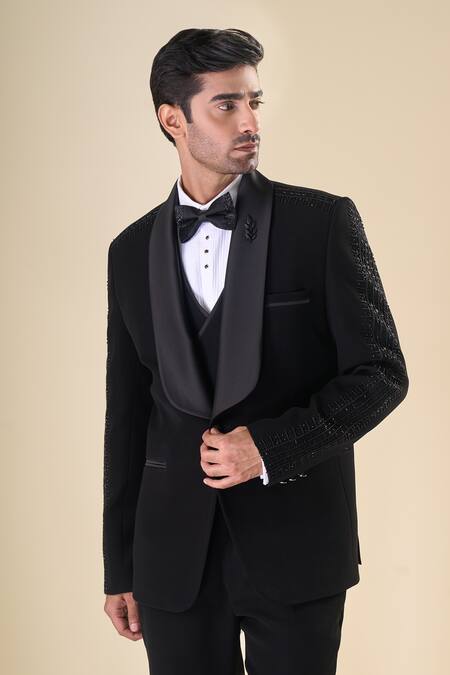 Arihant Rai Sinha Black Polyester, Cotton, Silk Beads Hand Embroidered Tuxedo Set at Aza Fashions Arihant Rai Sinha_Black Polyester, Cotton, Silk Beads Hand Embroidered Tuxedo Set _at_Aza_Fashions