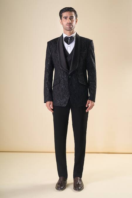 Shop_Arihant Rai Sinha_Black Polyester, Silk, Cotton Sequins, Embroidery Thread Hand Tuxedo Set _Online_at_Aza_Fashions